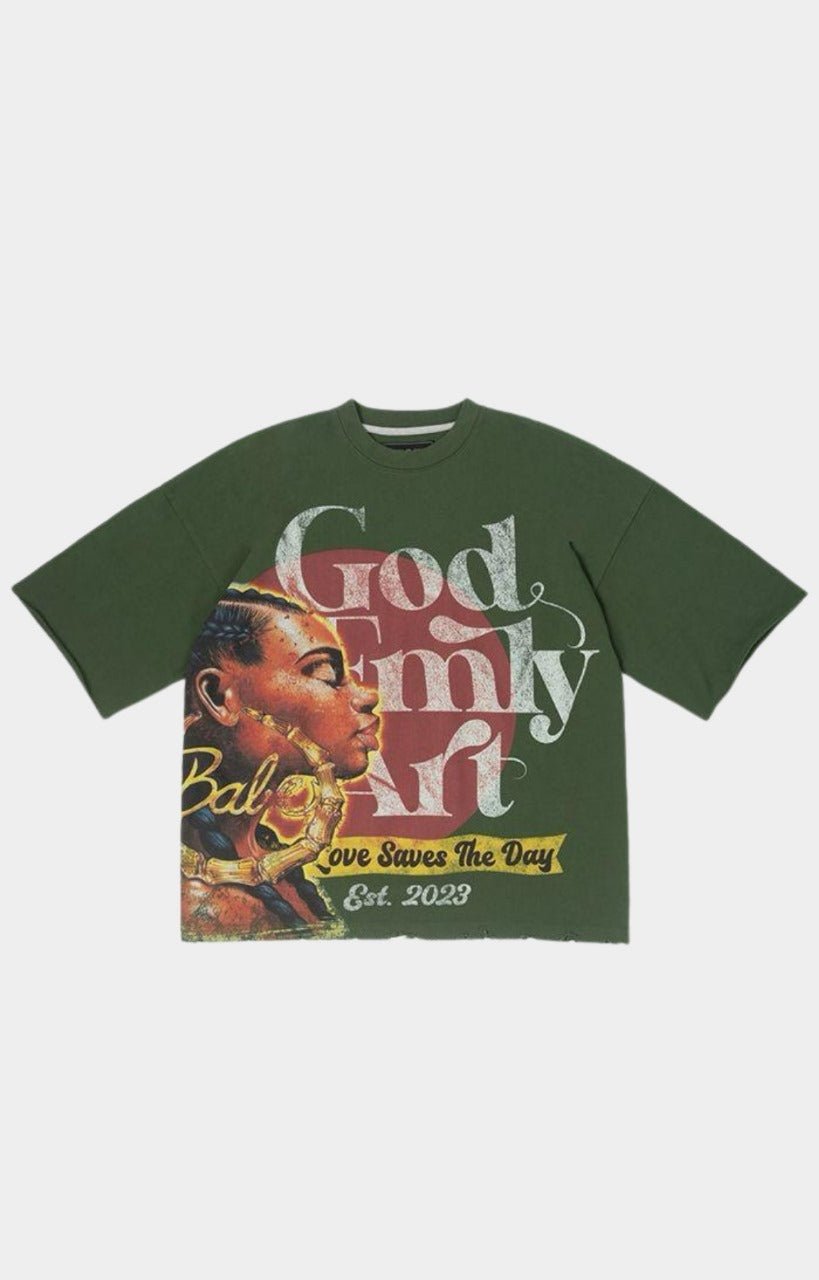 Front view of Grand SS Knit Oversized Tee in Black Forest Olive Color with bold graphic print.