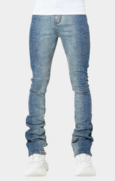 Front view of GUAPI Acid Blue Starry Sky stacked skinny jeans with studs and rhinestones.