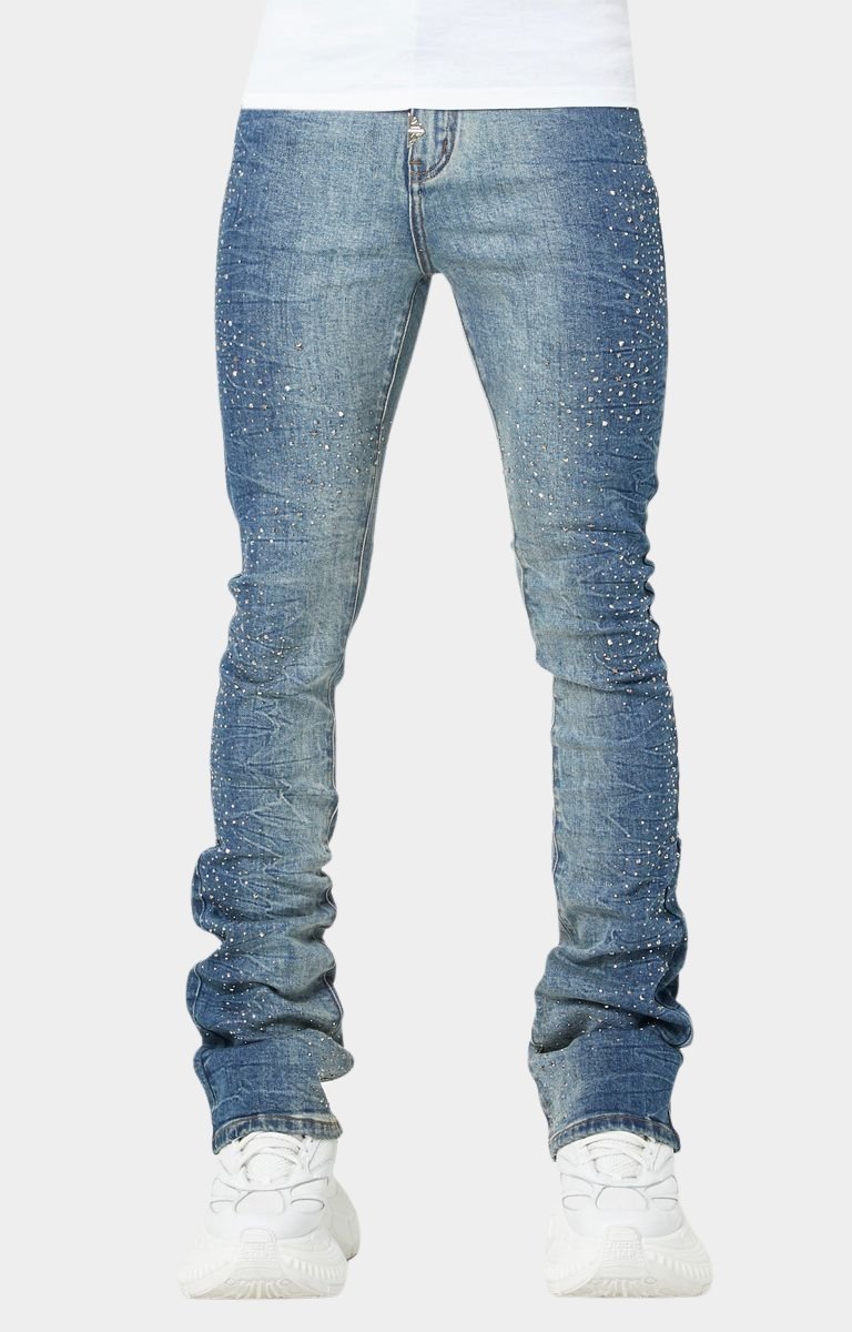 Front view of GUAPI Acid Blue Starry Sky stacked skinny jeans with studs and rhinestones.