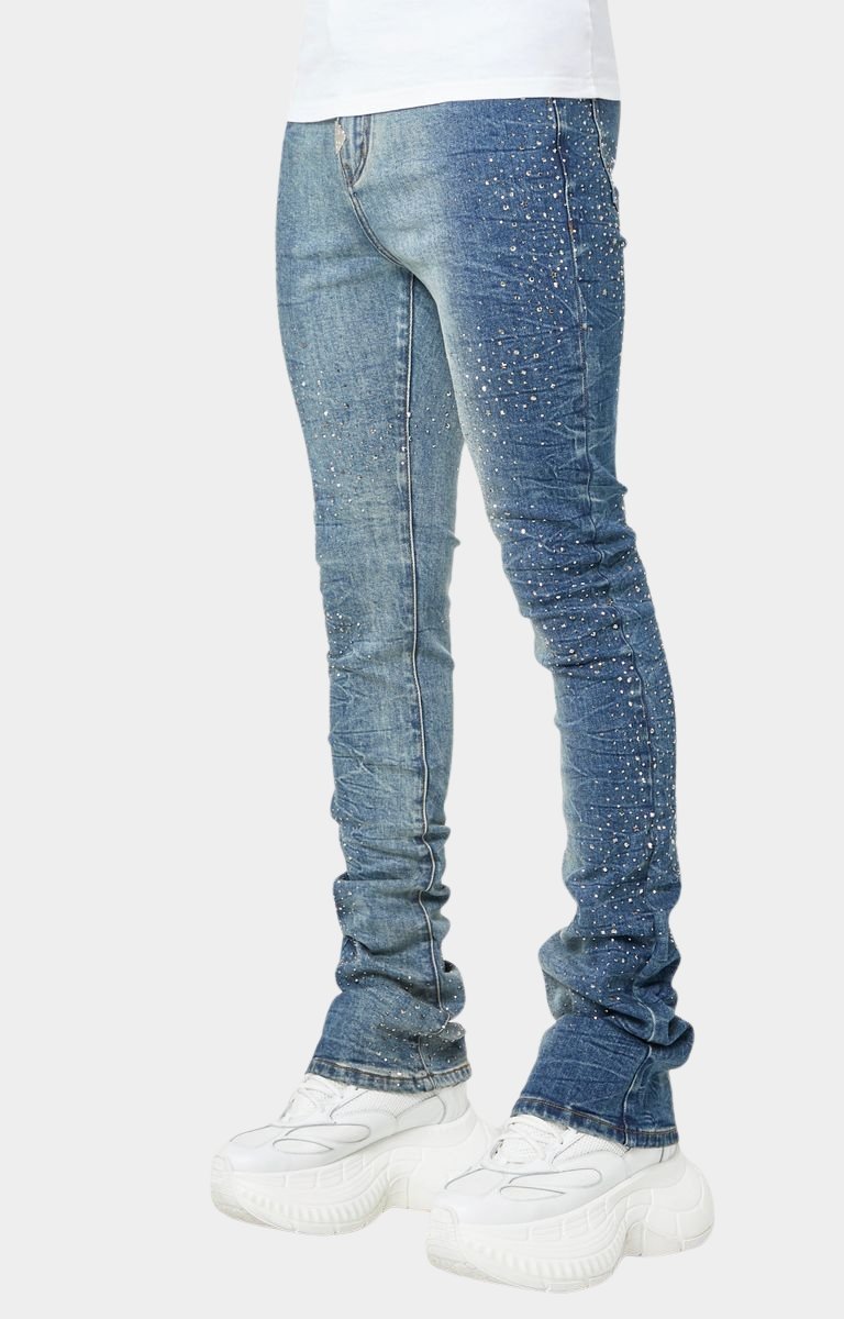 Side profile of Acid Blue Starry Sky stacked skinny jeans showing extended leg length and embellishments. 