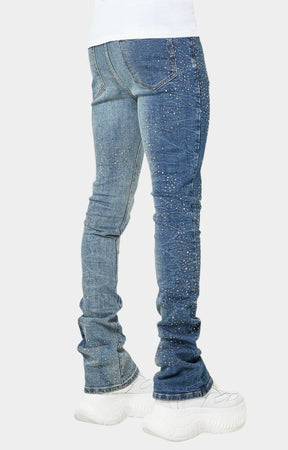Guapi Acid Blue Starry Sky Denim - Embellished Stacked Jeans