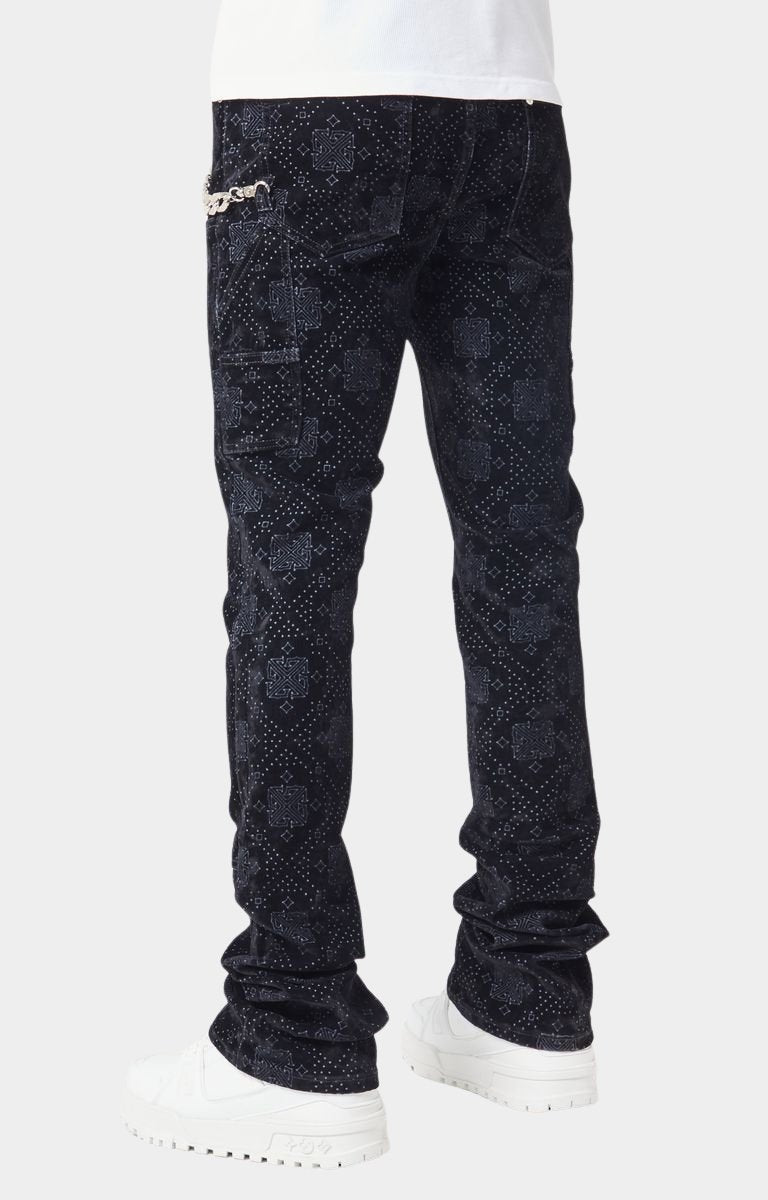 Back view of Guapi - All Black Monogram Velour Denim with monogram detail.