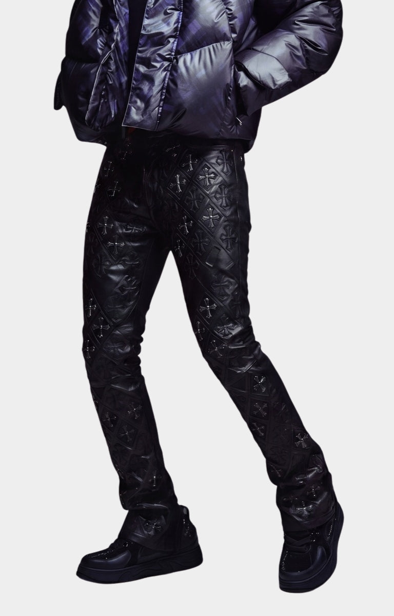 Slim stacked fit of Guapi All Black Relic Waxed Denim.
