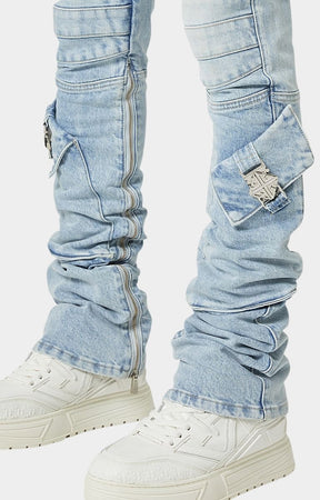 Stacked slim-to-flare fit of Guapi Aqua Black Ops denim.