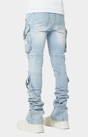 Back view of Guapi Aqua Black Ops stacked cargo jeans.
