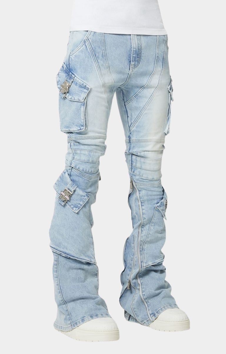 Heavy fading and whiskering detail on Guapi aqua denim.