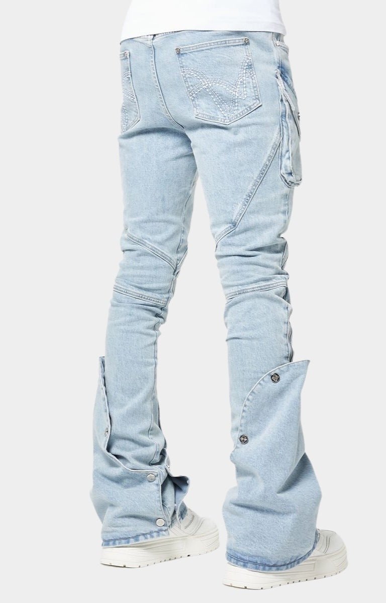 Side view of GUAPI Aqua Blue Coffin Arc denim