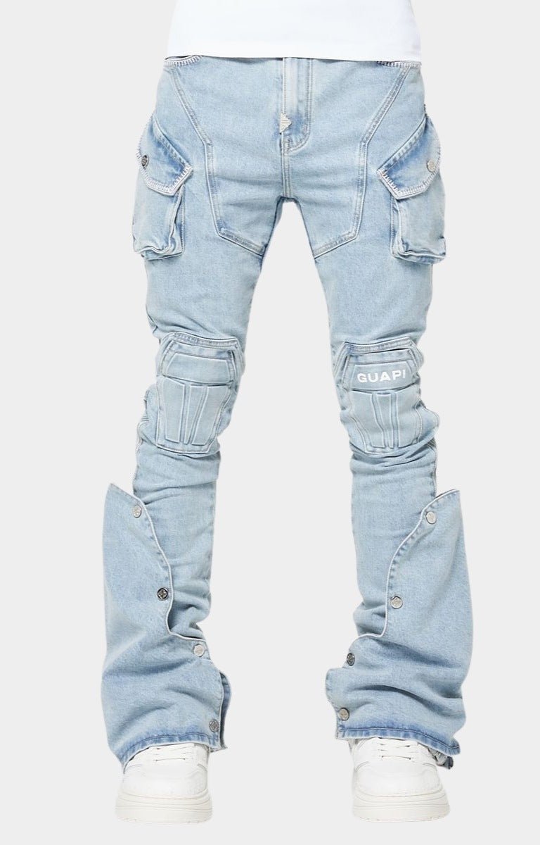 GUAPI Aqua Blue Coffin Arc Denim front view with flared panels