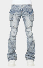 GUAPI Aqua Blue Coffin Arc Embellished Denim front view with flared panels