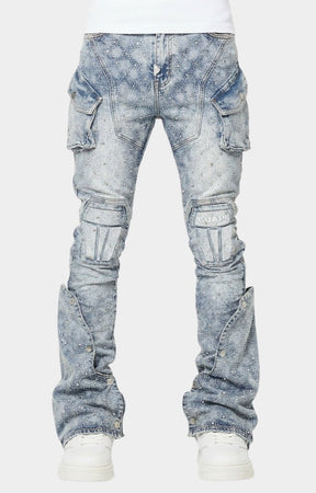 GUAPI Aqua Blue Coffin Arc Embellished Denim front view with flared panels