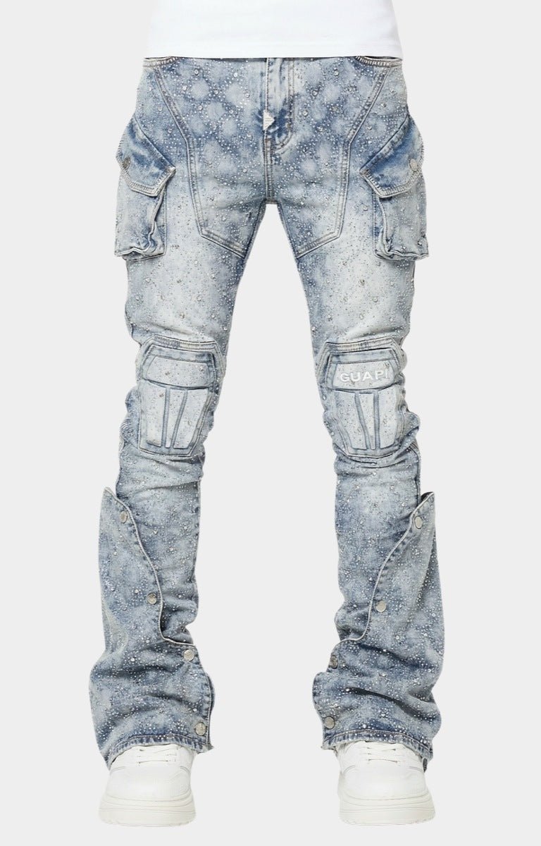 GUAPI Aqua Blue Coffin Arc Embellished Denim front view with flared panels