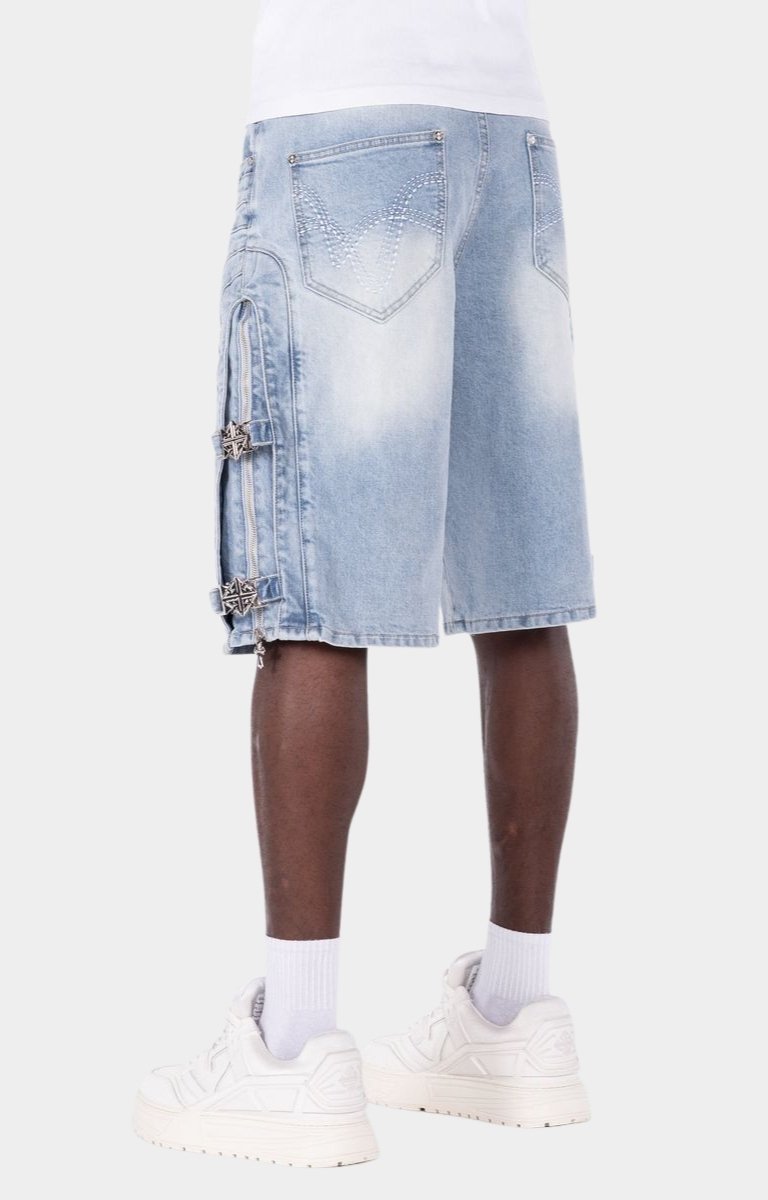 Guapi Aqua Blue Cross Buckle denim shorts with premium streetwear styling.