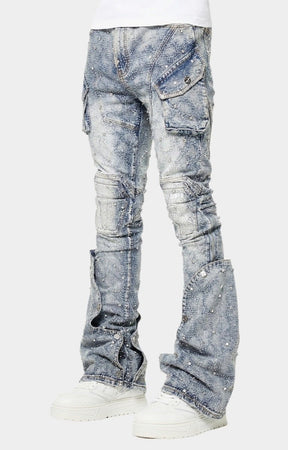 Side view of GUAPI Aqua Blue Coffin Arc denim.
