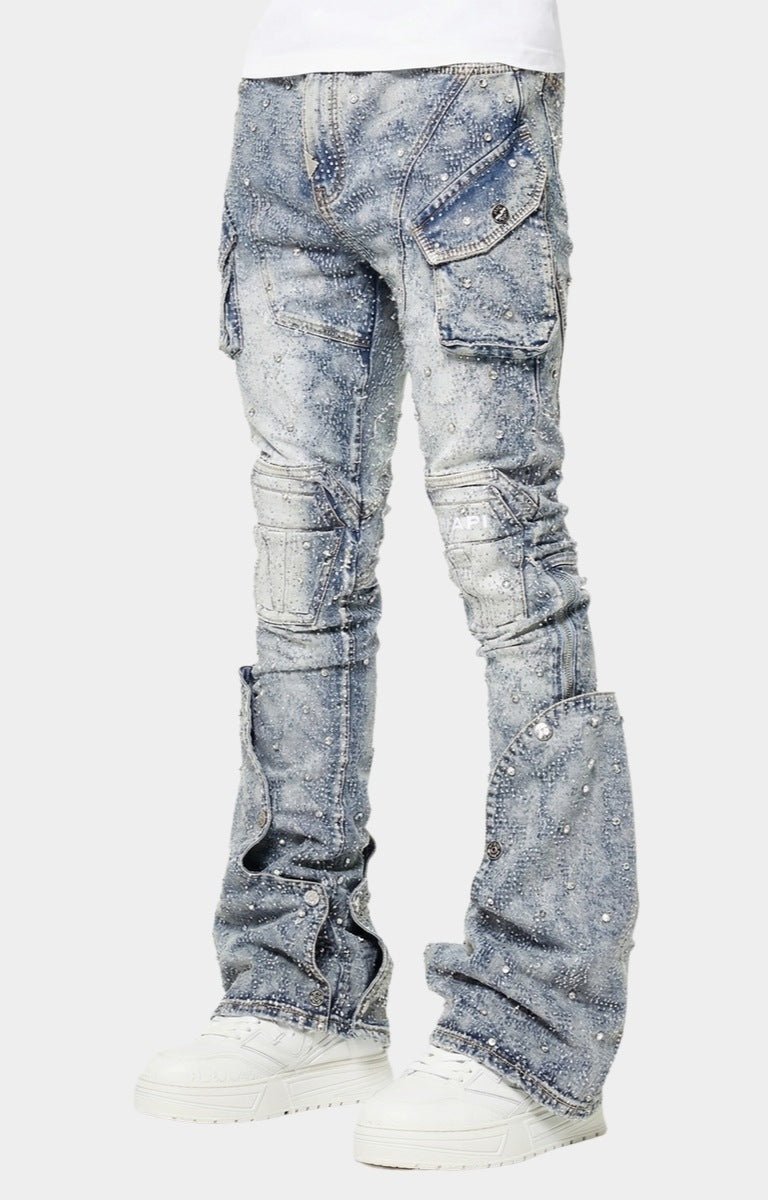 Side view of GUAPI Aqua Blue Coffin Arc denim.