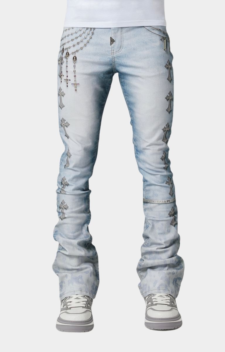 Front view of Guapi Aqua Blue Heavens Vault Denim stacked jeans for men
