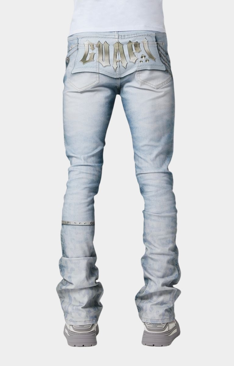 Back view featuring oversized printed Guapi logo on Heavens Vault jeans