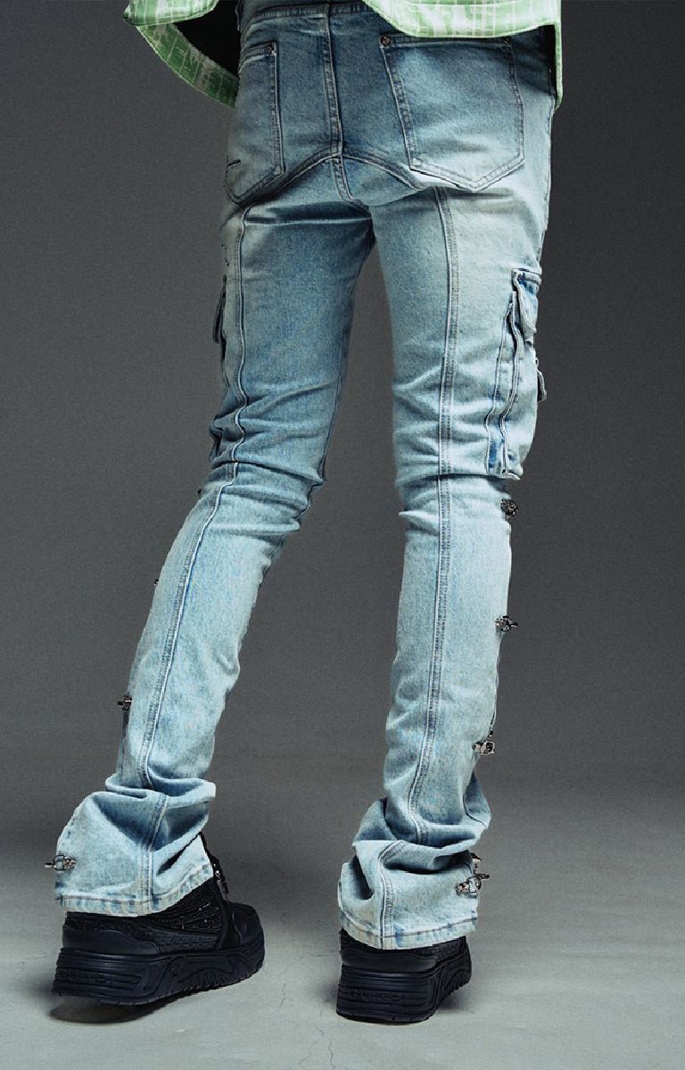 Guapi aqua blue luxury streetwear cargo jeans with flared fit.