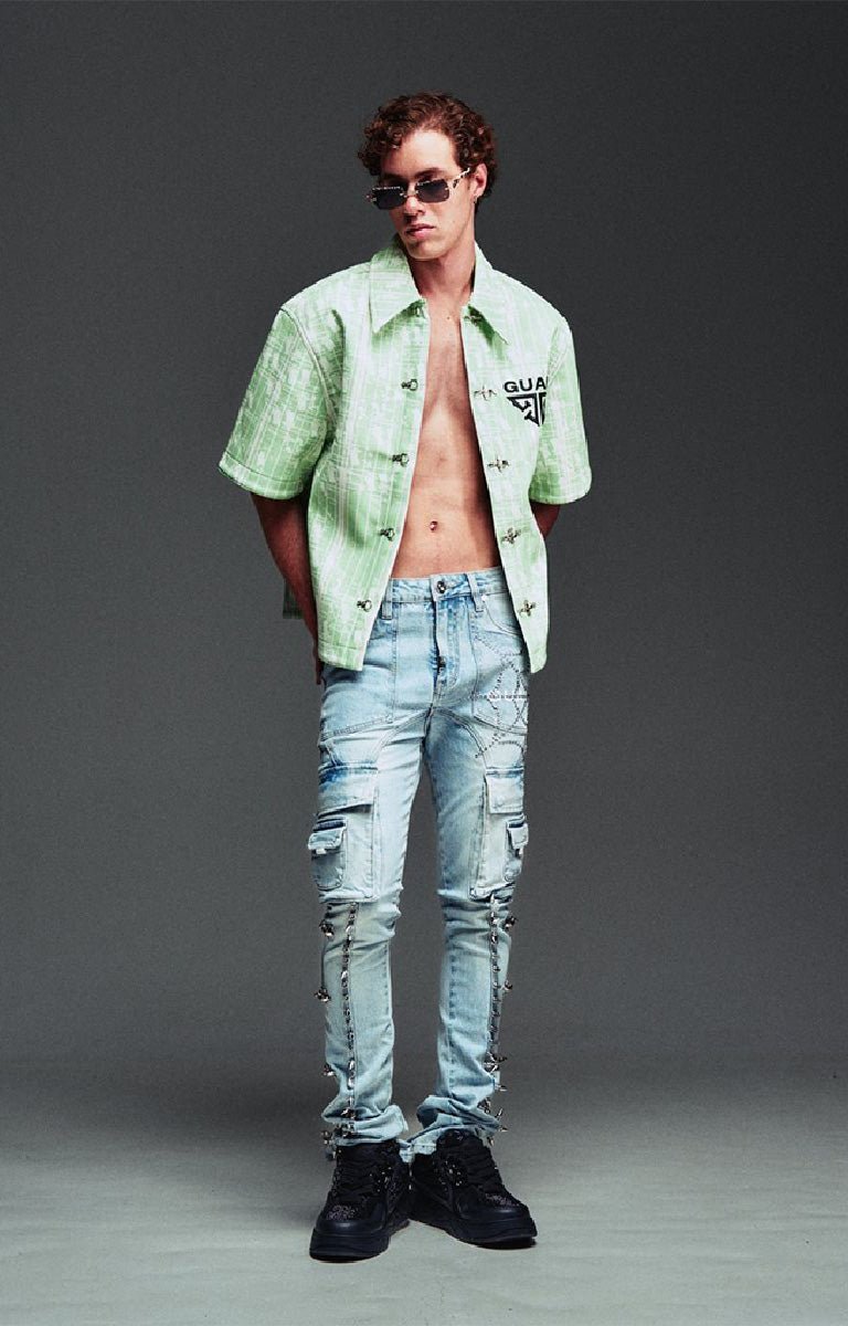 Guapi Aqua Blue Spikes Cargo Denim