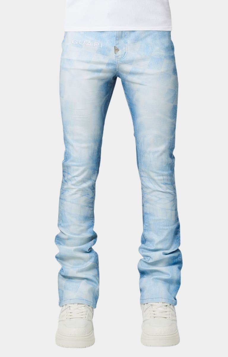 Front view of Guapi Aqua Blue Racer Denim V3 stacked jeans for men