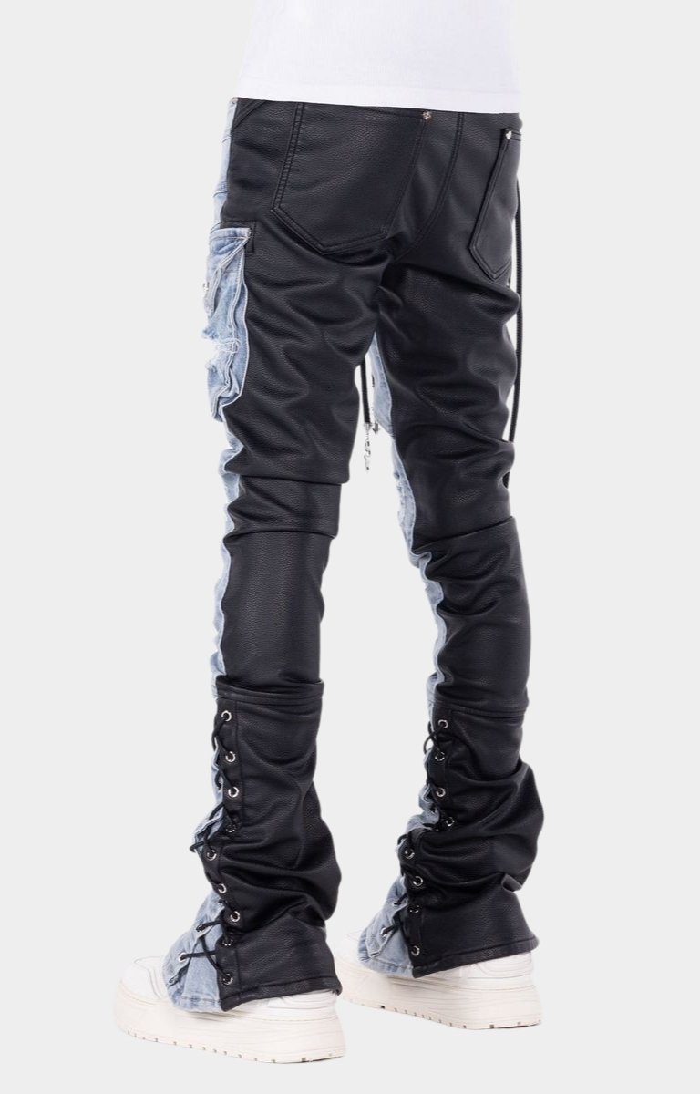 Guapi Aqua Blue Rope hybrid cargo pants with stacked leg construction and leather at back. 
