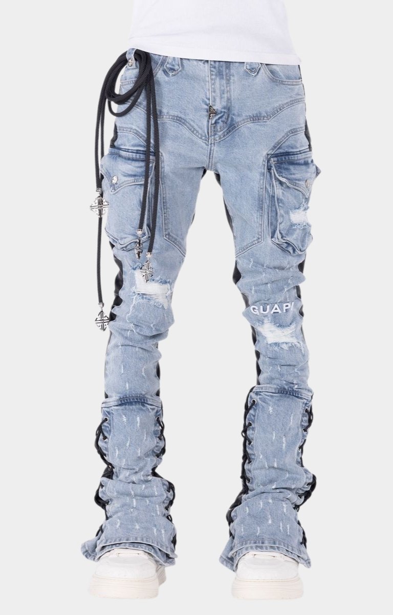 Guapi Aqua Blue Rope hybrid cargo pants with stacked leg construction.