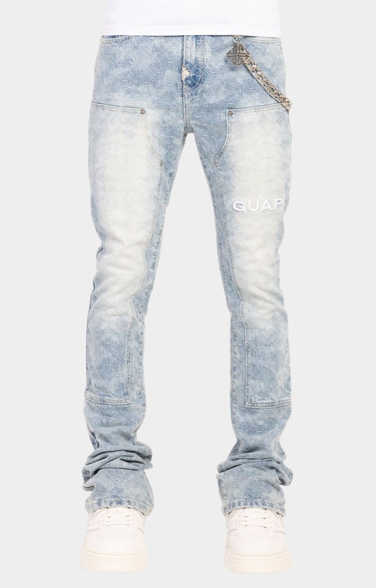 GUAPI Aqua Blue Sashiko Denim front view with patterned texture.