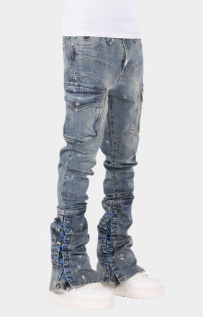 Guapi Aqua Blue Waxed Rope Stacked Cargo Denim Jeans