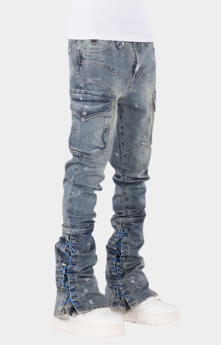 Guapi Aqua Blue Waxed Rope Stacked Cargo Denim Jeans