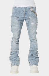 Guapi Aqua Blue Steel Plate Carpenter Stacked Denim front view