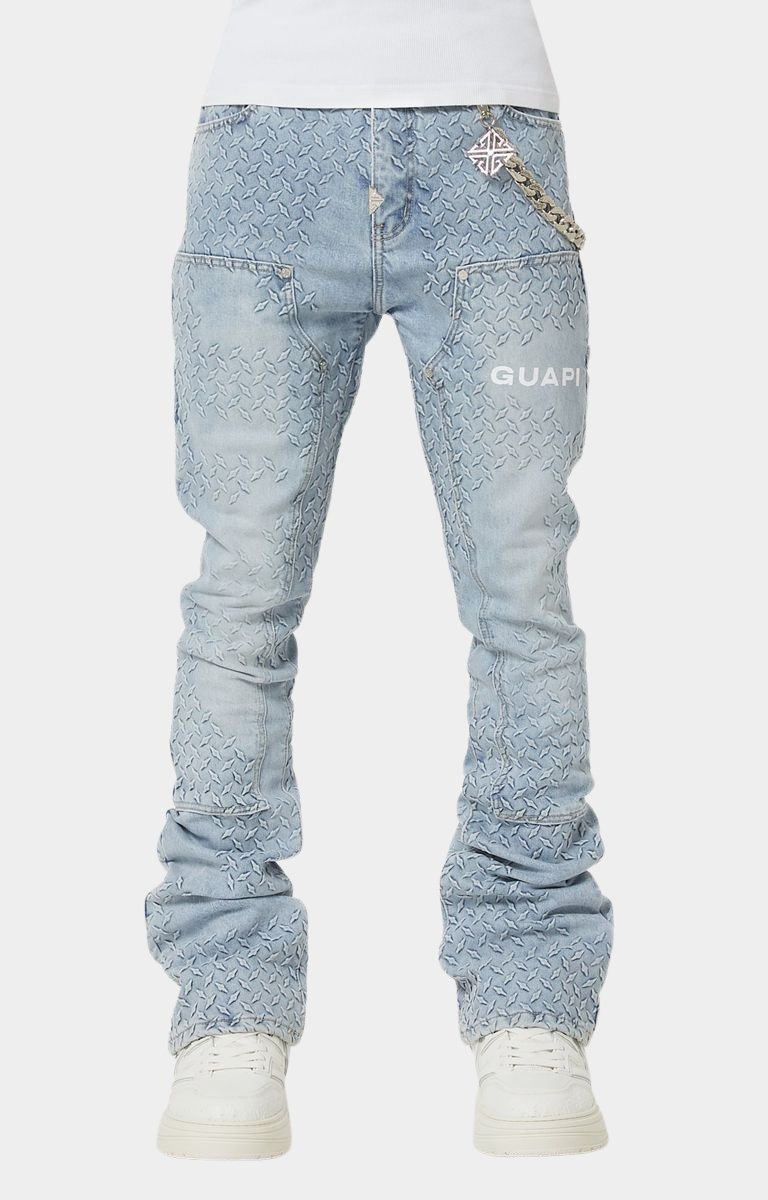 Guapi Aqua Blue Steel Plate Carpenter Stacked Denim front view