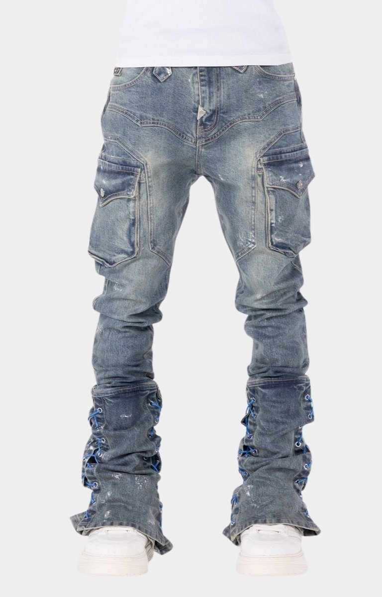 Guapi Aqua Blue Waxed Rope stacked cargo denim jeans front view without rope. 