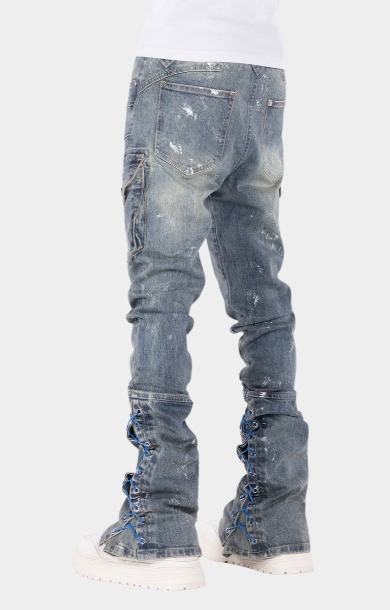 Guapi Aqua Blue Waxed Rope stacked cargo denim jeans back view.