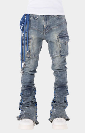 Guapi Aqua Blue Waxed Rope stacked cargo denim jeans front view