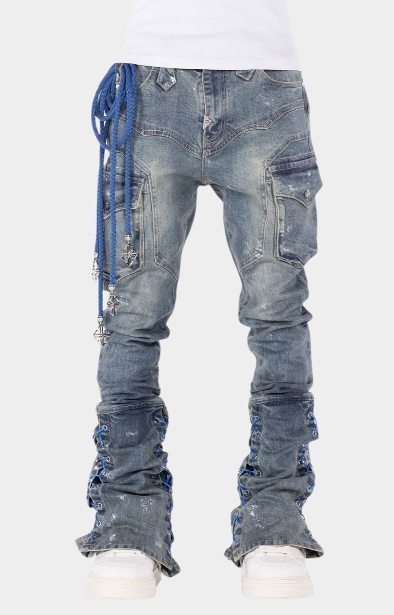 Guapi Aqua Blue Waxed Rope stacked cargo denim jeans front view
