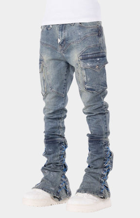 Distressed cargo denim jeans with premium streetwear styling.
