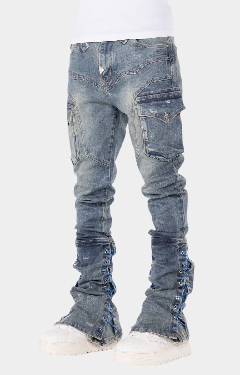 Distressed cargo denim jeans with premium streetwear styling.