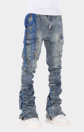 Aqua blue stacked cargo denim jeans featuring utility pocket construction.