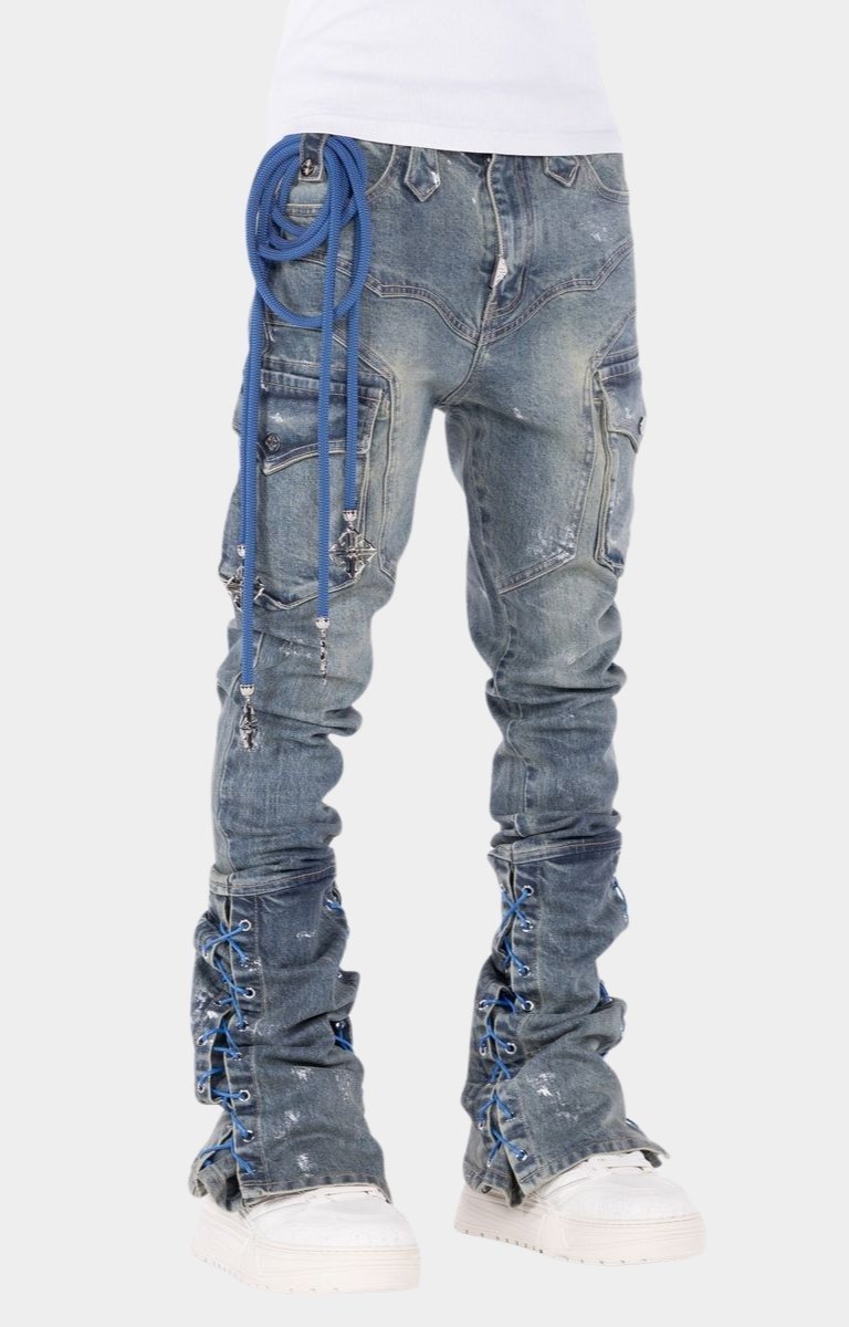 Aqua blue stacked cargo denim jeans featuring utility pocket construction.