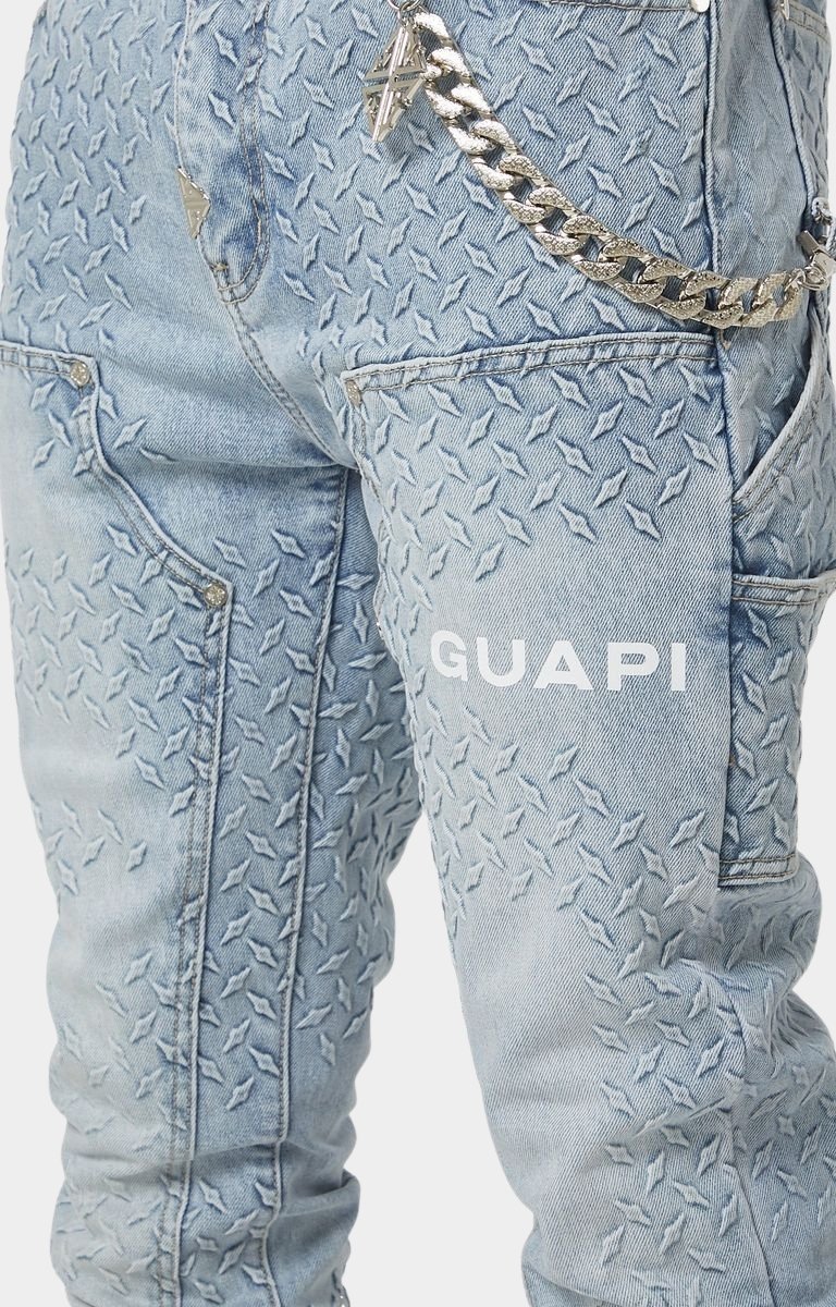 White GUAPI logo print on Aqua Blue Steel Plate Denim.
