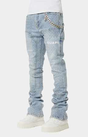 Side profile of Guapi Aqua Blue carpenter stacked denim