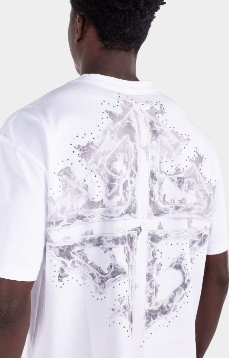 White Ascension graphic tee featuring premium cotton construction and rhinestone details.