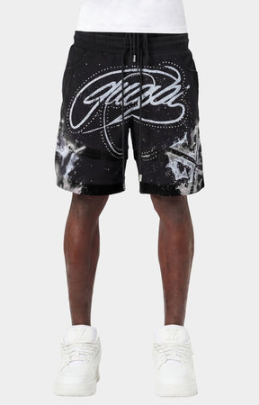 Guapi Ascension rhinestone graphic shorts featuring oversized streetwear artwork.