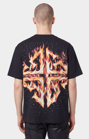 Designer black graphic t-shirt with futuristic Cyborg-inspired design.