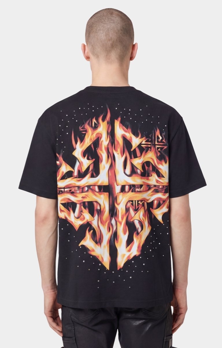 Designer black graphic t-shirt with futuristic Cyborg-inspired design.