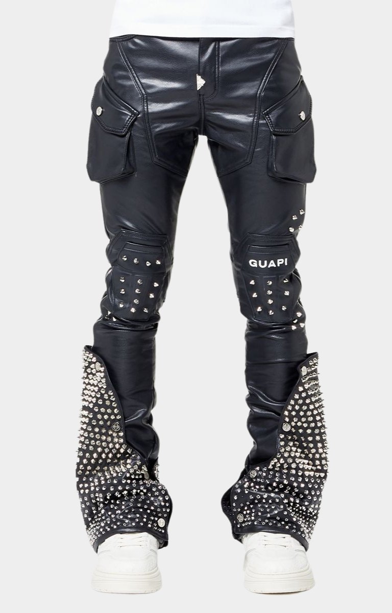 Guapi Black Coffin Arc Leather Pant V2 front view with studded flare.