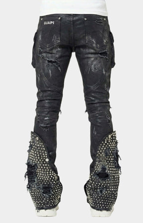 GUAPI Black Coffin Arc Waxed Denim back view with studded flare