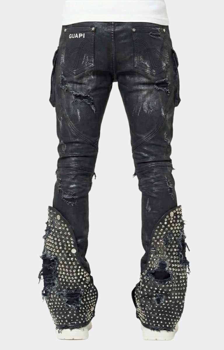 GUAPI Black Coffin Arc Waxed Denim back view with studded flare