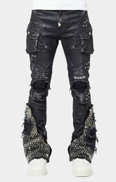 GUAPI Black Coffin Arc Waxed Denim front view with studded flare.
