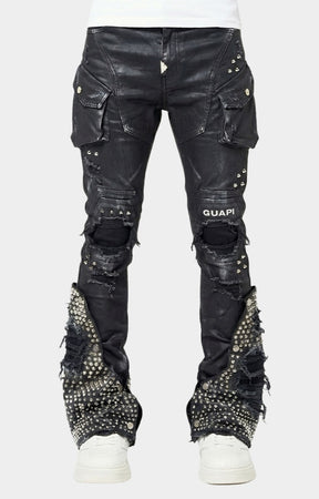 GUAPI Black Coffin Arc Waxed Denim front view with studded flare.