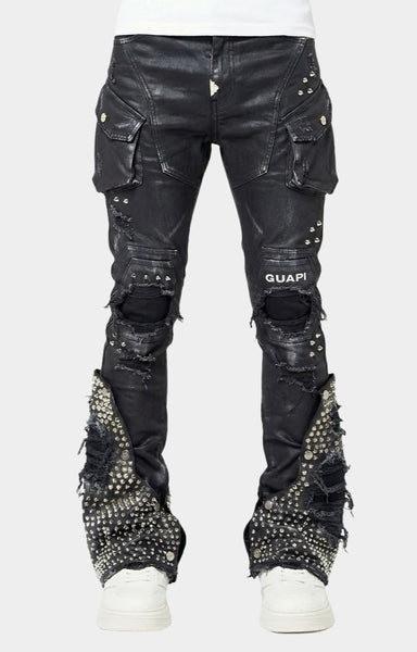 GUAPI Black Coffin Arc Waxed Denim | Studded Flare Pants